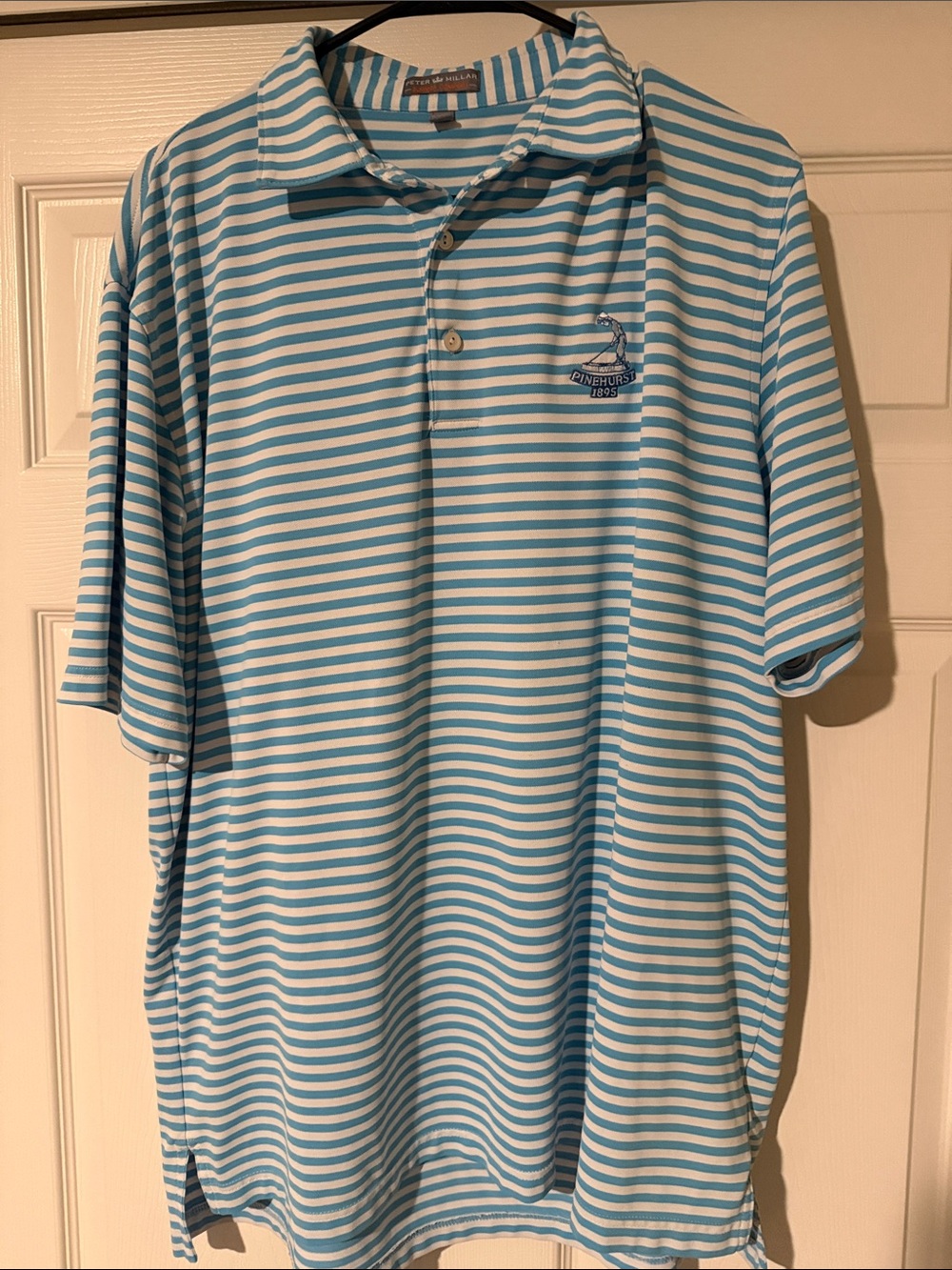 Peter Millar Men's Aqua and White Striped Pinehurst 1895 Polo